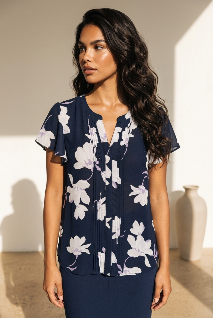 Ann Taylor Factory Floral Flutter Sleeve Blouse Size M